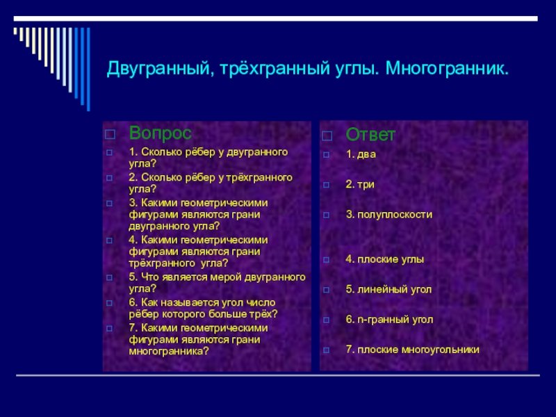 Математический диктант Двугранный угол 10 класс