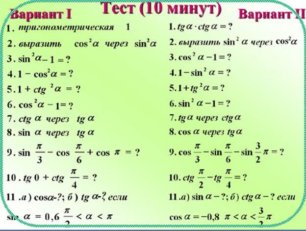 Примеры по теме основные формулы тригонометрии