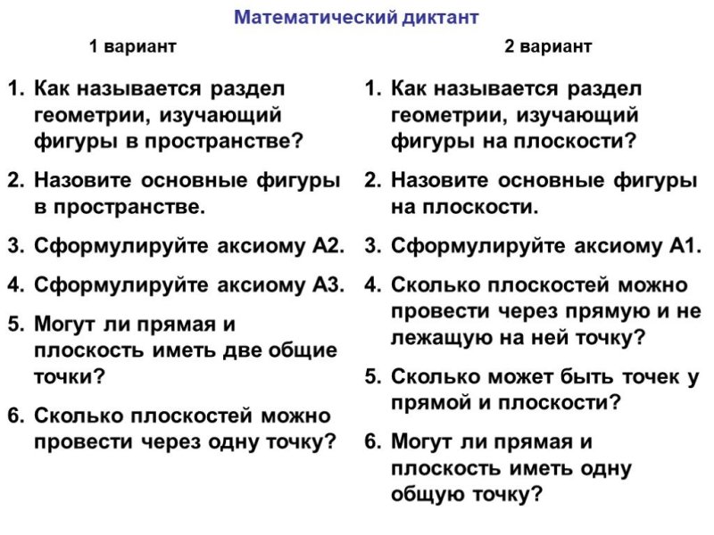 Математический диктант Аксиомы