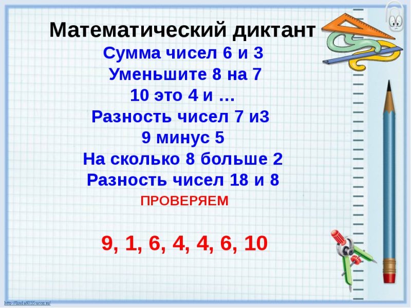 Математический диктант 1 класс 1 четверть