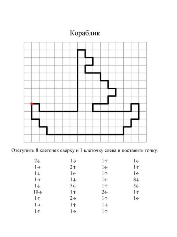 Математический диктант по клеточкам для дошкольников кораблик