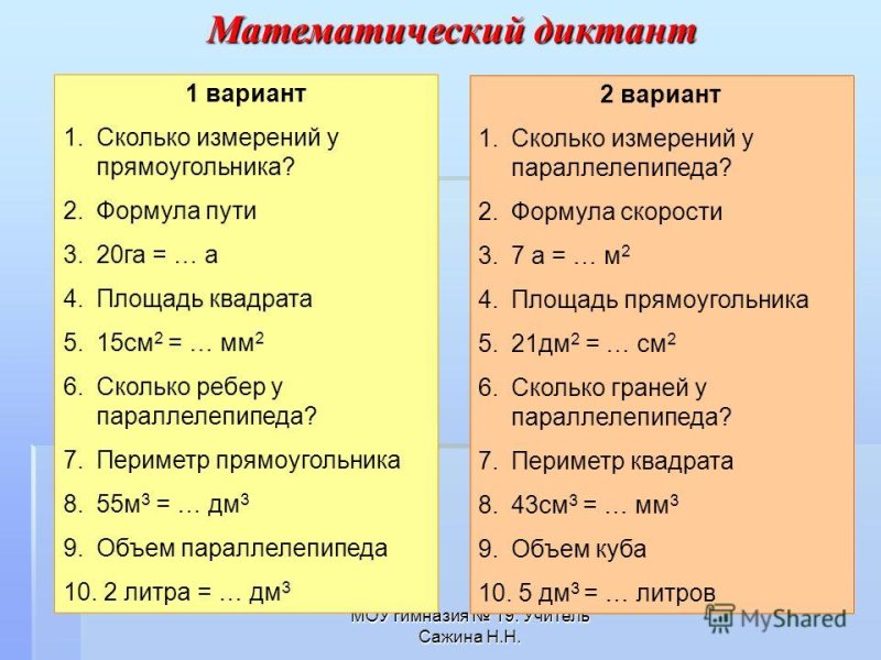 Диктант формулы площадей