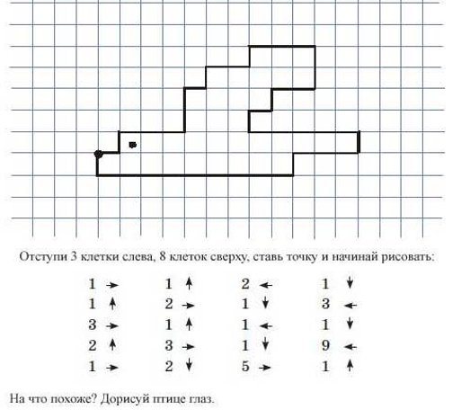 Графический диктант по клеточкам для дошкольников 6-7 птичка