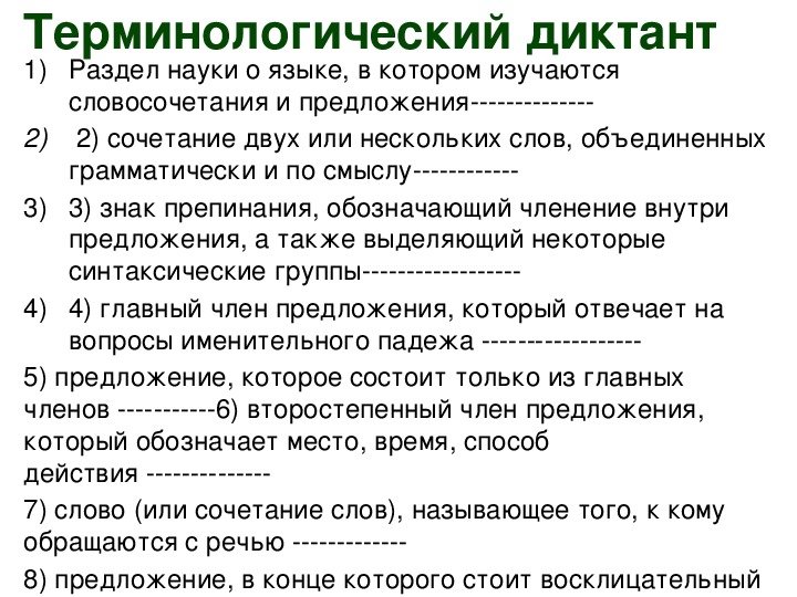 Терминологический диктант по русскому языку