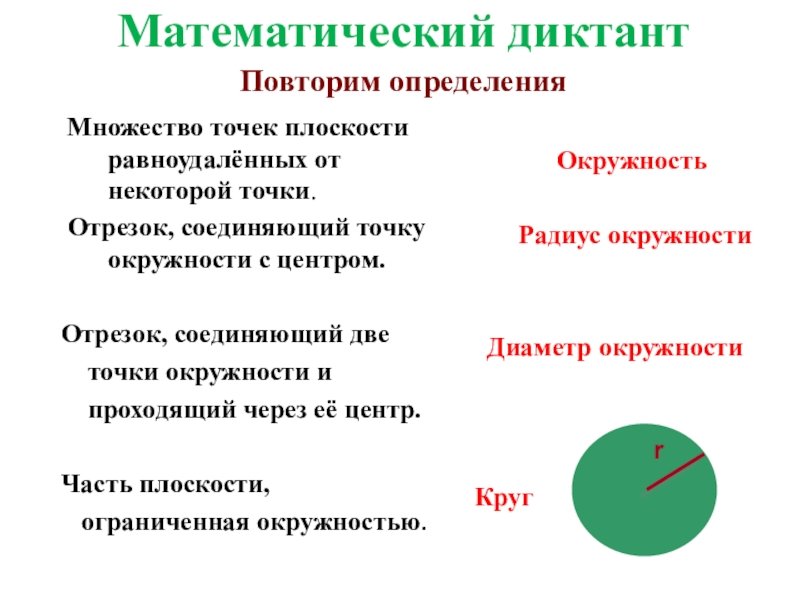 Математический диктант 6 класс окружность и круг