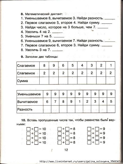 Устный счёт математический диктант 1 класс