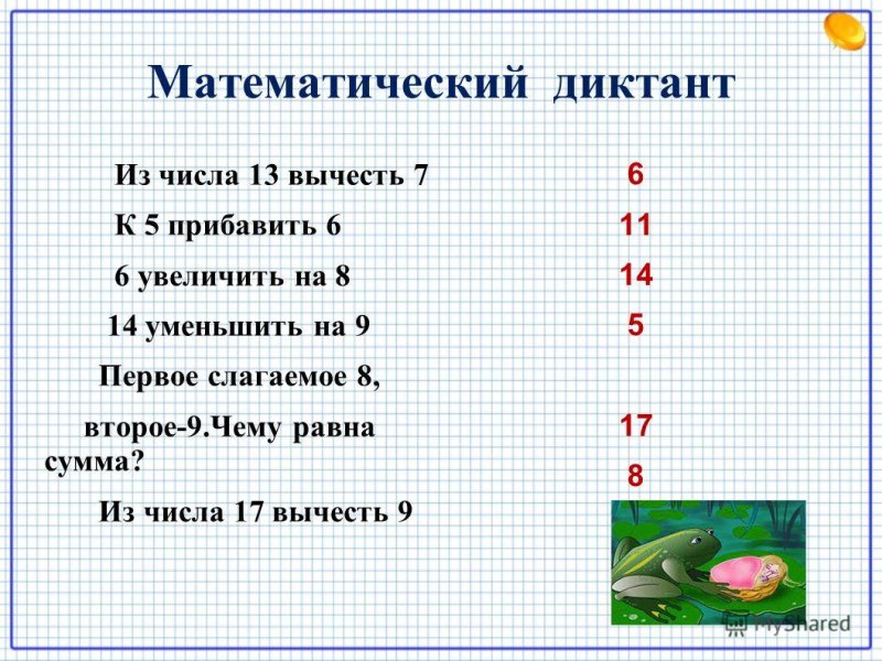 Математический диктант 1 класс 1 четверть