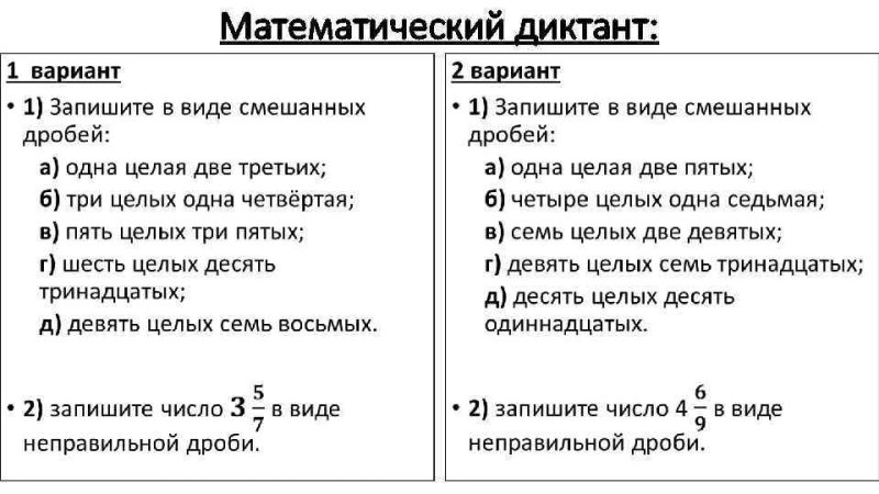 Математический диктант по дробям