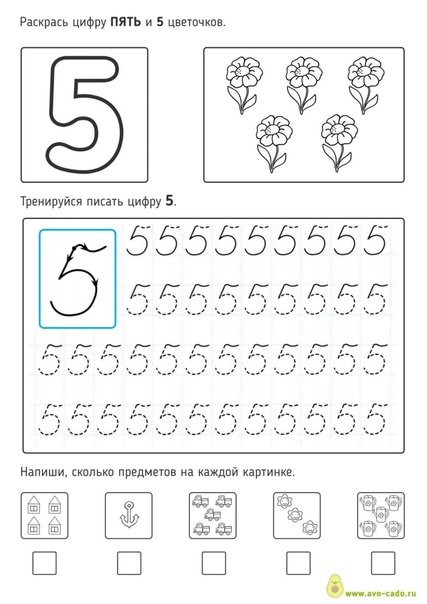 Пропись числа цифра 5 для дошкольников
